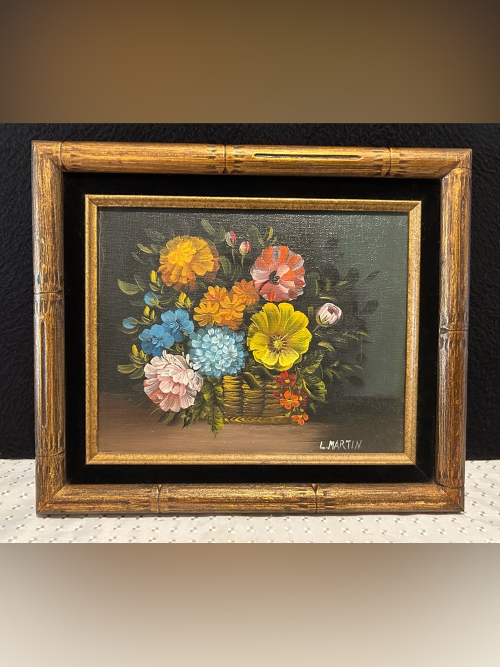 L. Martin Floral Botanical Bouquet of Flowers Oil Painting on Canvas, Framed